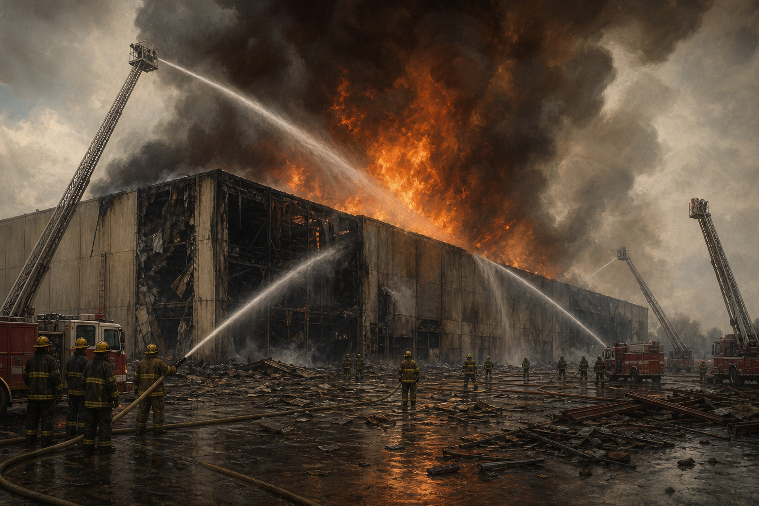 Huge. Illustrated wide view of the KMart warehouse engulfed in flames with firefighters attacking the blaze.