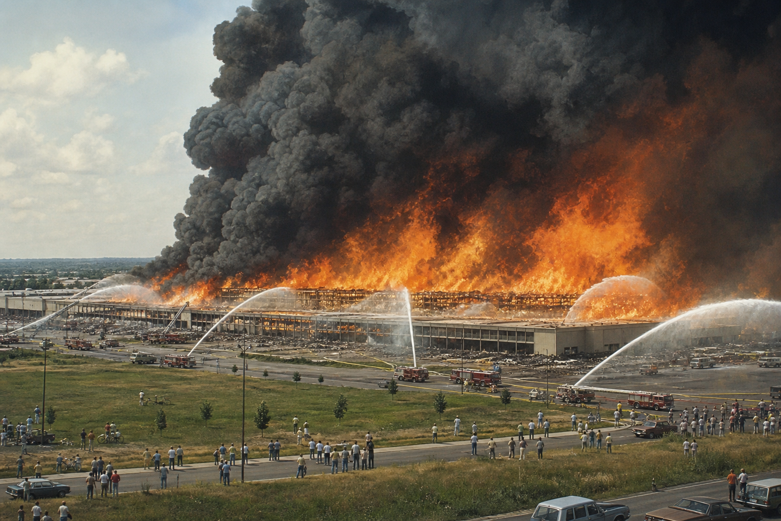 Illustrated ground-level view of firefighters using heavy water streams against the warehouse fire.